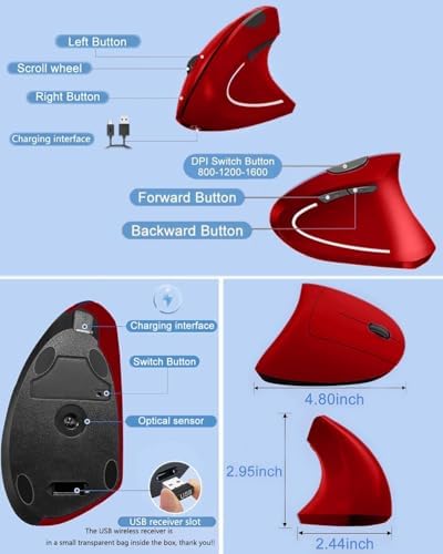 Ergonomic Mouse, Vertical Wireless Mouse 2.4G Rechargeable Optical Vertical Mouse High Precision Optical Mouse Adjustable800/1200/1600 DPI 6 Buttons, for Laptop etc, Red,Specially for Right-handers - Image 5