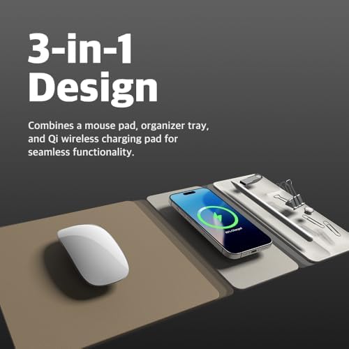 POUT H3 SplitMax 3-in-1 Wireless Charging Mouse Pad – Fast Qi Charger, Mousepad Mat, and Magnetic Tray Organizer – Compatible with Smartphones and Earbuds (Palette Cream) - Image 2