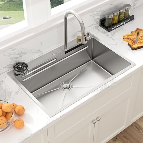 Sarlai 33 Inch Waterfall Kitchen Sink Workstation - 33x22 Waterfall Drop In Sink Stainless Steel 16 Gauge Sink Multifunction Single Bowl Smart Top Mount Kitchen Sink with Faucet Combo - Image 3