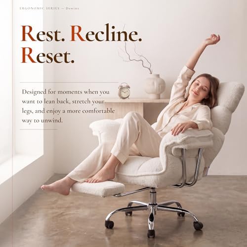 Dowinx Big and Tall Office Chair, Ergonomic Desk Chair with Thick Cushion, Wide Seat & Armrests Computer Gaming Chair,High Back Reclining Teddy Fleece Criss Cross Chair with Foot Rest, White - Image 4