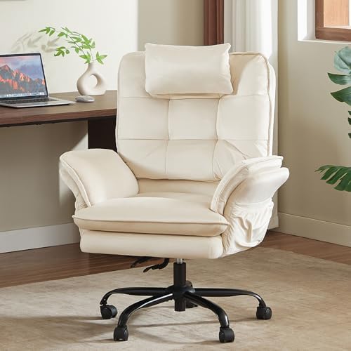 Bestier Swivel Executive Chair with Wheels and Headrest, Velvet Beige by Bestier