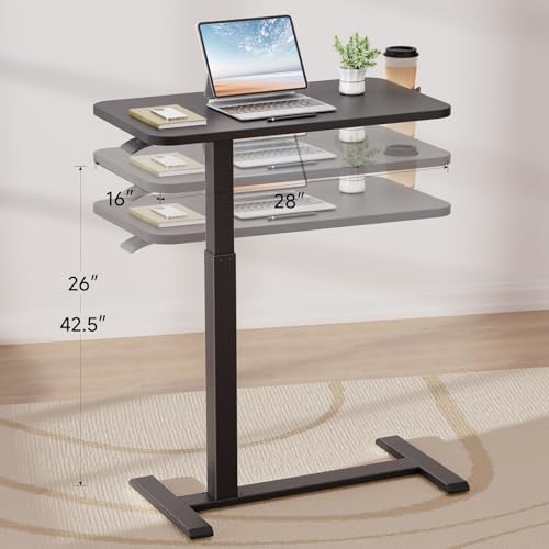 GTPLAYER Small Standing Desk with Hidden Wheels, Pneumatic Mobile Rolling Laptop Desk, Adjustable Height Overbed Bedside Table Computer Workstation for Home Office (28" W x 16" D, Pure Black) - Image 3