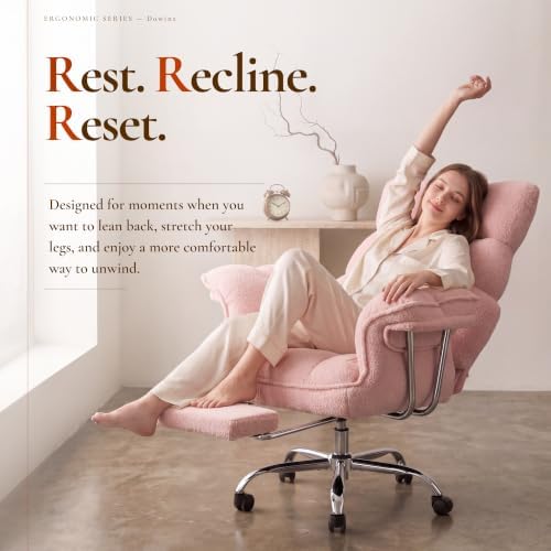 Dowinx Big and Tall Office Chair with Footrest, Ergonomic High Back Reclining Design, Wide Seat, Thick Cushion, Wide Armrests, Teddy Fleece Criss Cross Desk Chair, Light Pink - Image 4