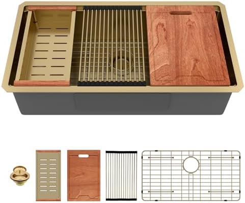 Lordear Gold Undermount Kitchen Sink 36" x 19" Stainless Steel Sinks 16 Gauge Single Bowl Ledge Workstation Handmade Under Counter Kitchen Sink Basin with Built-In Accessories by LORDEAR
