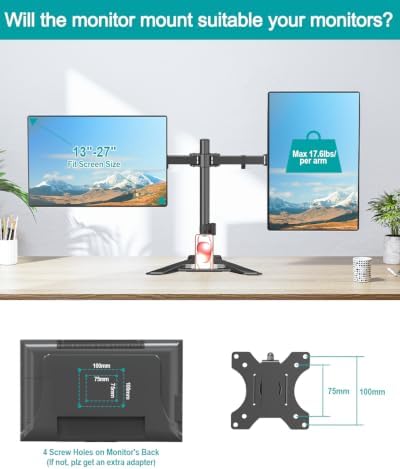 MOUNT PRO Dual Monitor Stand, Free-Standing Full Motion Monitor Desk Mount Fits 2 Screens up to 27 inches,17.6lbs with Height Adjustable, Swivel, Tilt, Rotation, VESA 75x75 100x100, Black - Image 3