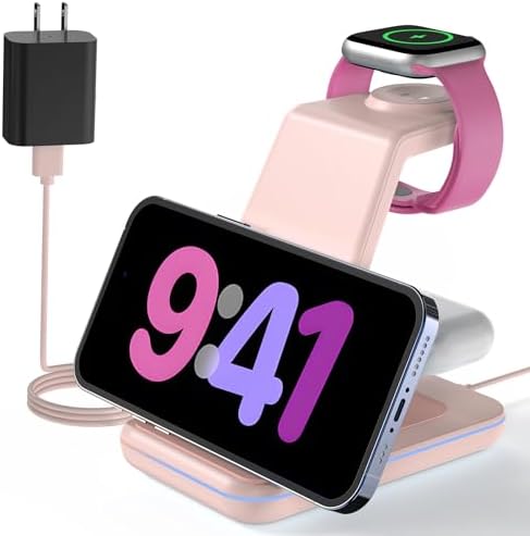 Charging Station for Apple Wireless Charger: 3 in 1 Phone Charger Stand for iPhone 17 16 15 14 13 12 11 SE X Pro Max Plus - Apple Watch Ultra 11 10 9 8 SE 7 6 5 4 3 - Air-Pods 2 3 Pro by JoyGeek