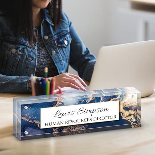 Custom Name Plate for Desk, Office Desk Double sided pattern Name Plate Personalized Office Desk Decor for Women and Men, Teacher Nurse Boss Employee Appreciation Gifts (Deep blue marble, UV pattern) - Image 2