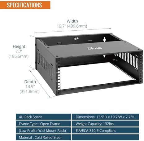 Tecmojo 4U Wall Mount Rack,4U Rack 13.9 inch Depth,132lbs(60kg) Weight Capacity,19" Network Rack for Shallow Server and IT Equipment, Network Switches,Patch Panel Bracket,Black - Image 2