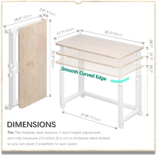 4NM No Tool Assembly 31.5" Small Desk, Folding Portable Desk with Wheels, Foldable Computer Home Office Desks, Collapsible Study Writing Table for Space Saving Bedroom - Cloud Oak - Image 5