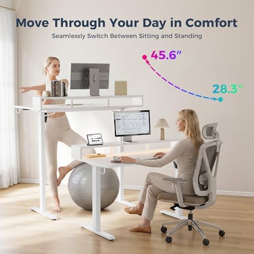 Klicelor Electric Standing Desk with Shelf, 63 Inch Height Adjustable Desk with Power Outlets & LED, Sit Stand Up Table with Monitor Stand, Computer Workstation for Home Office, White - Image 6