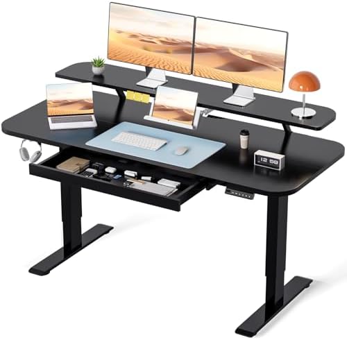 COMHOMA Electric Standing Desk with Drawers, 48 x 24'' Sit Stand up Desk with Monitor Stand, Laptop Stand, Height Adjustable Ergonomic Home Office Computer Desk with Memory Preset Controller (Black) by ComHoma