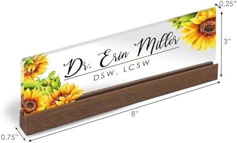 Artblox Personalized Office Desk Name Plate and Business Card Holder | Clear Acrylic Glass with Teak Wood Stand | Sunflowers Design Customized with Your Name and Credentials Office Desk Decor - Image 3