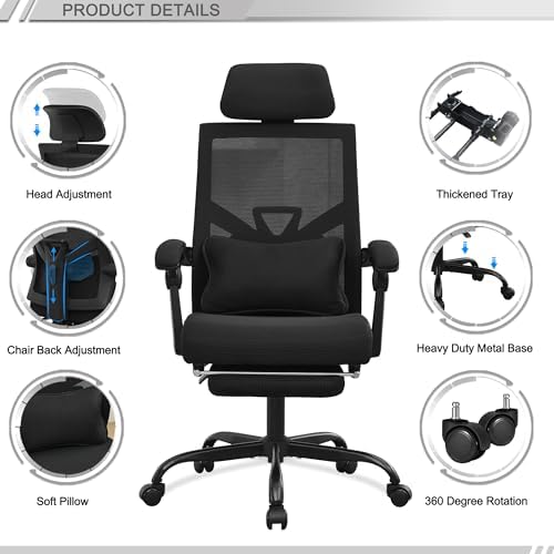 Qulomvs Ergonomic Office Chair with Footrest Home Office Desk Chair with Headrest and Backrest Adjustable Mesh Computer Desk Chair with Wheels 360 Swivel Task Chair - Image 6