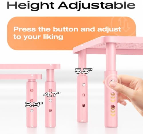 Computer Monitor Stand Riser for Desk, 3 Height Adjustable PC Laptop TV Desktop Monitor Stand Shelf, Metal Printer Table with Phone Holder, Stand Riser for Desk, Office Desk Organizers and Accessories, Pink 2 Pack - Image 2
