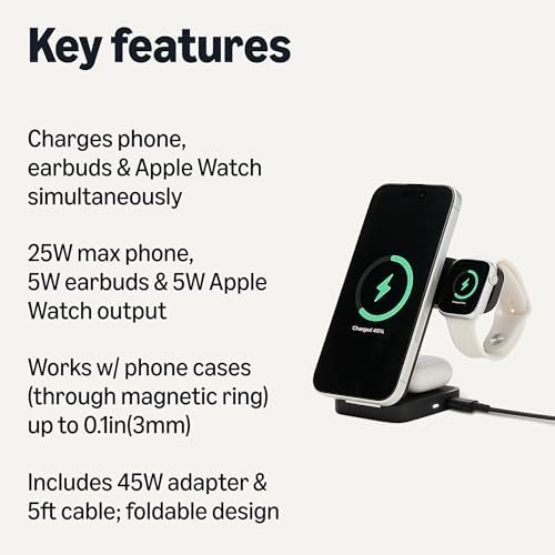 Amazon Basics MagSafe Compatible 25W Fast Charging Qi2.2 Certified 3-in-1 Wireless Charging Station, Foldable Stand for iPhone 17/16/15/14/13/12, Apple Watch, AirPods, with 45W Adapter, Black - Image 2