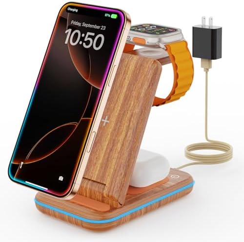 Wireless Charging Station: GEEKERA 3 in 1 Foldable Wireless Charger Stand for iPhone 17/16/15/14/13/12/11/Pro Max/X/8, Charging Station for Apple Watch Ultra/SE/11/10/9/8/7/6/5/4, AirPods 4/3/2/Pro by GEEKERA
