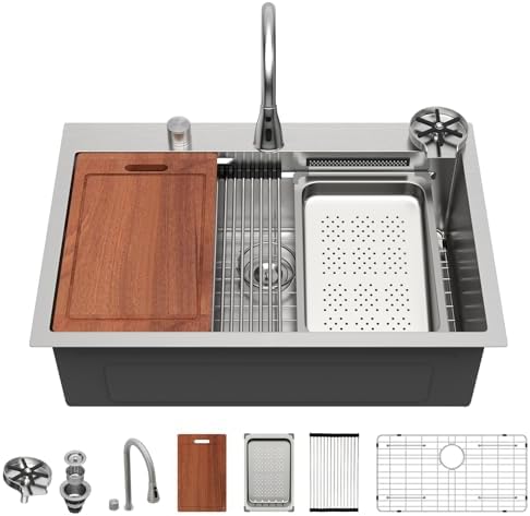 Sarlai 33 Inch Waterfall Kitchen Sink - 33x22 Inch Drop In Kitchen Sink Ledge Workstation Topmount Multifuctional Smart Stainless Steel 16 Guage Single Bowl Sinks Basin with Faucet by Sarlai