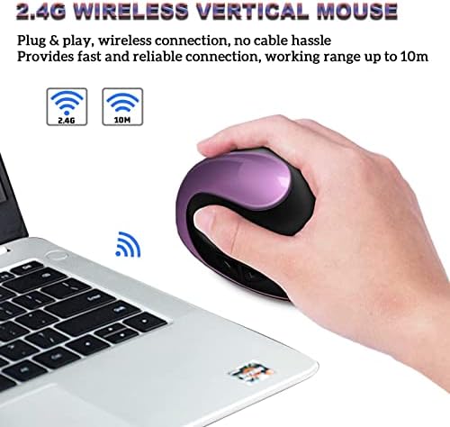 Ergonomic Mouse,Rechargeable Small Vertical Mouse with 6 Buttons Adjustable 800/1200/1600 DPI Purple Wireless Mouse for Laptop, Desktop, PC, MacBook - Image 2