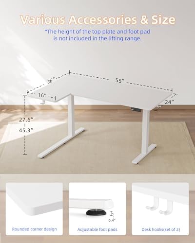 YIHAYO Reversiable L-Shaped Electric Standing Desk, 55 Inches Adjustable Height Corner Desk, Sit and Stand Up for Work Office Home, Computer Table with Splice Board, White - Image 3