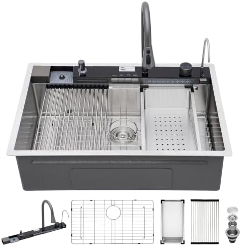 33"x22" Drop In Waterfall Kitchen Sink - 16 Gauge 304 Stainless Steel Ledge Workstation Top Mount Single Bowl Smart Waterfall Sink Basin with Faucet Combo & Glass Rinser - Image 3