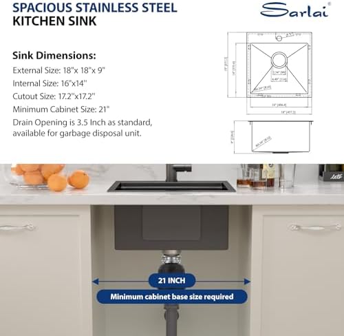 Sarlai Drop Bar Sink - 18 Inch Black Outdoor Kitchen Sink Gunmetal Black Drop In Workstation 18 x 18 Topmount Stainless Steel 16 Gauge Single Bowl Kitchen Bar Prep RV Outdoor Sinks Basin - Image 7