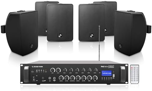 Sound Town Commercial Restaurant Bluetooth Amplifier + Surface-Mount Speaker Set, with One 6-Zone 70V/100V Amplifier with Bluetooth, 6 x 4.5-Inch Surface-Mount Speakers, Black (PAC180X6TV4B)… by SOUNDTOWN
