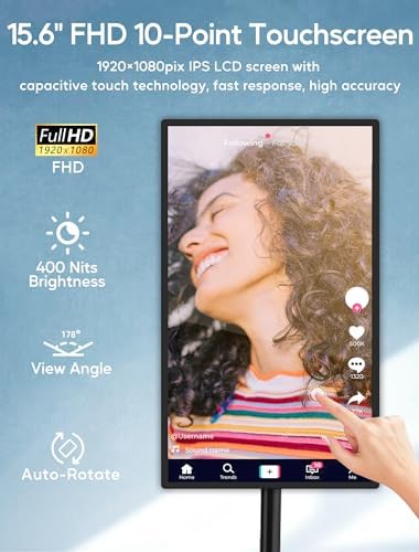 15.6" Digital Signage with 10000mAh Battery, Capacitive Touchscreen Advertising Display, Adjustable Stand, Android 11 Commercial LCD Monitor with Auto Play, Wireless Screen Mirroring, 8+128GB, Black - Image 3