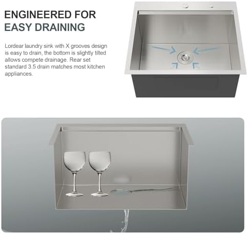 Lordear 12 Inch Deep Laundry Sink Drop In Laundry Utility Sink Workstation Topmount Single Bowl 16 Gauge Stainless Steel Laundry Room Sinks 25x22x12 Inch - Image 6