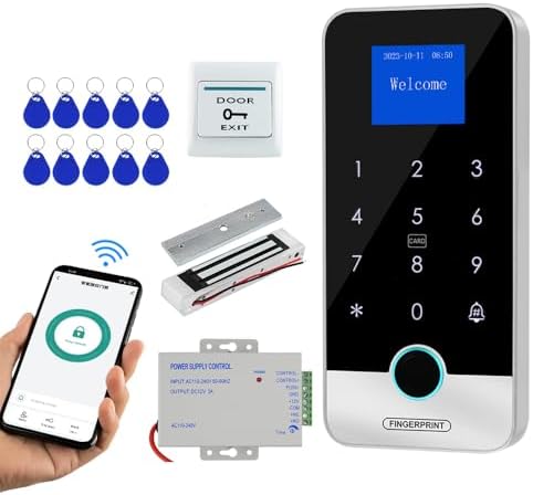 Tuya Smart Fingerprint Access Control Kit, a Four-in-one Access Control System, Includes a keypad Controller, a 12V Power Adapter, a 350-pound Magnetic Lock, an exit Button, and 10 RFID Key fobs. by FSTWBrandFlagship
