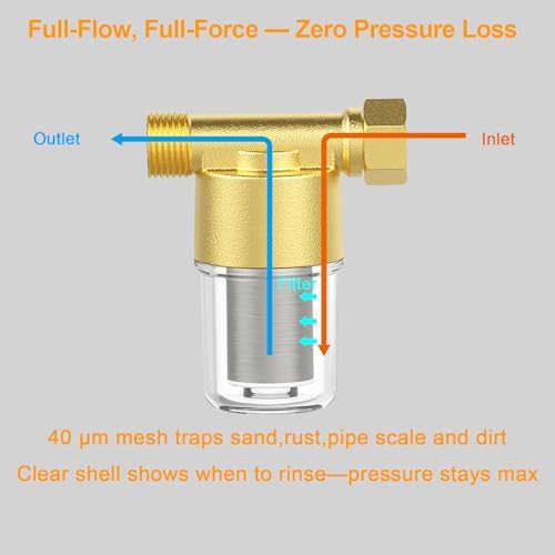 40 Micron Brass Sediment Filter, Inline Spin Down Sediment Water Filter for Washer, Washing Machine, Shower, Garden Hose, Well Water, Anti Clogging & Reusable with Pipe Sealant Tape - Image 3