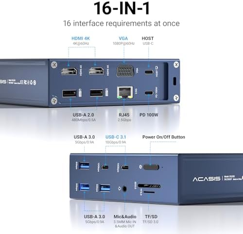 ACASIS USB C Docking Station Dual Monitor, 16-in-1 Laptpop Docking Station with 2* HDMI,VGA,2.5G Ethernet,SD/TF,10Gbps USB-C 3.1,3.5mm Audio,PD100W,USBC Hub for Dell/Lenovo/HP/ThinkPad (Gray) - Image 2