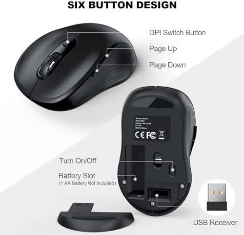 WisFox 2.4G Wireless Mouse for Laptop, Ergonomic Computer Mouse with USB Receiver and Type-C Adapter, 3 Adjustable Levels, 6 Button Cordless Wireless Mice for Windows Mac PC Notebook (Black) - Image 5