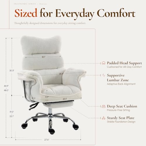 Dowinx Big and Tall Office Chair with Footrest, Ergonomic High Back Reclining Design, Wide Seat, Thick Cushion, Wide Armrests, Teddy Fleece Criss Cross Desk Chair, Pure White - Image 2