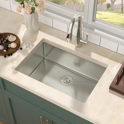Mocoloo 26 Inch Undermount Kitchen Sink - 26" x 18" T304 Stainless Steel Handmade Single Bowl Round Corner Under Counter 9" Deep Basin - Image 5