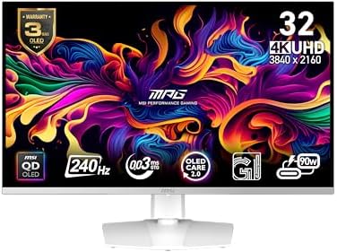 msi MPG 321URXW QD-OLED 31.5 Inch 4K UHD Gaming Monitor - 3840 x 2160 Quantum Dot OLED Panel, 240Hz / 0.03ms, 99% DCI-P3, ΔE≤2, DisplayHDR True Black 400, KVM, RGB - DP 1.4a, HDMI 2.1, USB Type-C 98W by Unknown