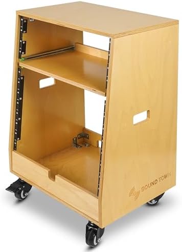 Sound Town DIY Slanted 12U Studio Rack (4U Top + 8U Lower), with 2U Bottom Storage, Slide-Out Tray, Caster, Plywood, Golden Oak for Recording Room, Home Studio (SDRK-ST12T) - Image 3