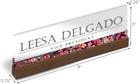 Artblox Personalized Office Desk Name Plate and Business Card Holder | Clear Acrylic Glass with Teak Wood Stand | Wild Flowers Design Customized with Your Name and Credentials Office Desk Décor - Image 3