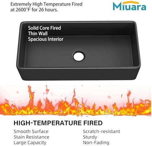 Miuara Farmhouse Sink 36 x 18 Inch Black Fireclay Apron Front Kitchen Sink - Image 3