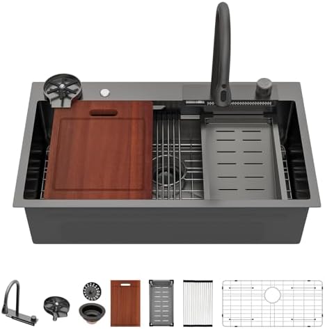 Sarlai Waterfall Kitchen Sink - 33 Inch Drop In Workstation Sink With Waterfall Black Stainless Steel 16 Gauge Multifunction Single Bowl Smart Top Mount Kitchen Sinks with Mechanical Keys 33x19x9 Inch by Sarlai