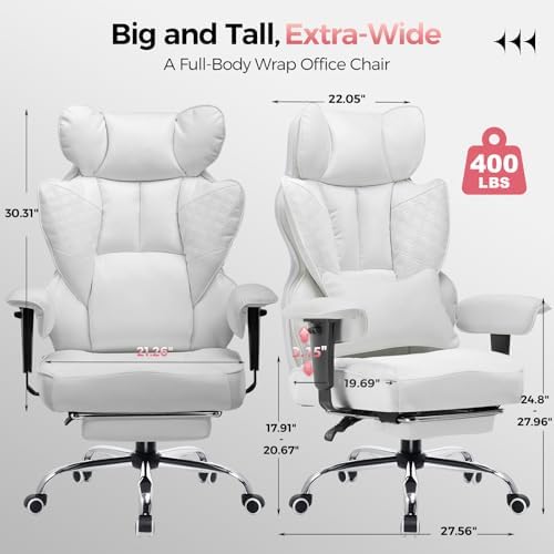 GTPLAYER Big and Tall Gaming Chair 400lbs Heavy Duty Office Chair with Foot Rest & Ergonomic Pocket Spring Lumbar Support, High Back 3D Saddle Shaped Cushion for Back Pain Relief, White - Image 2