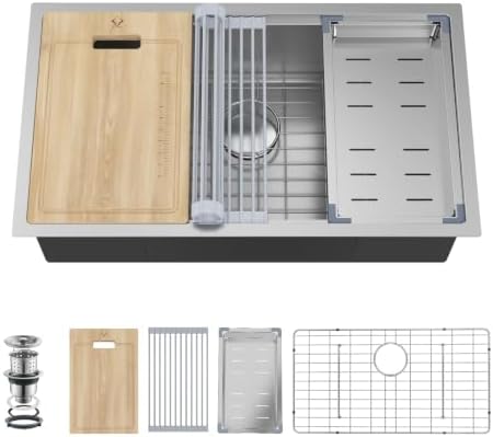 32 Inch Undermount Kitchen Sink 16 Gauge Stainless Steel Ledge Workstation Sink Round Corners Deep Single Bowl Kitchen Sinks with Accessories 32"x19"x10" by BuyNow