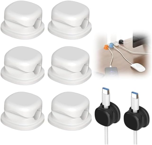 6 Count 360° Rotating Cable Management Clips, Spring-Loaded Mechanical Clamp, Non-Magnetic, No-Residue Adhesive, Black or White, 6 Count (White) by Unknown