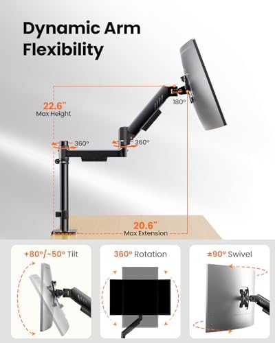 ErGear Single Monitor Arm, Adjustable Desk Gaming Monitor Mount for 13-34″ Screens, Up to 19.8 lbs, Enhanced Stability with Integrated C-Clamp, Upgraded Cable Management, Black - Image 4