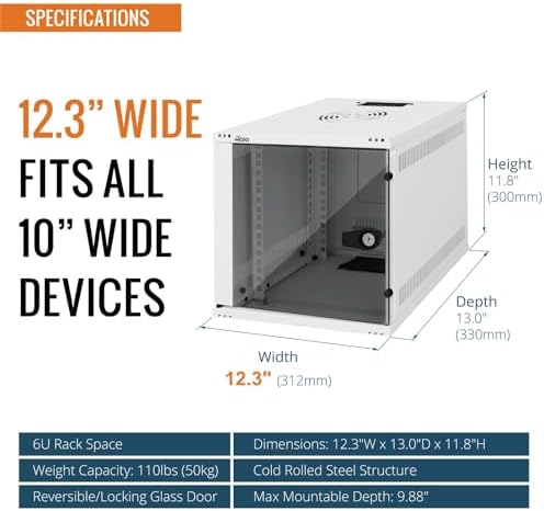Tecmojo 6U 10 inch Rack, Wall Mount Network Cabinet Set,12.3W x 13D x 11.8H- Load Capacity 110Lbs(50 kg),White 10" Wall Housing Server Rack Set - Image 2