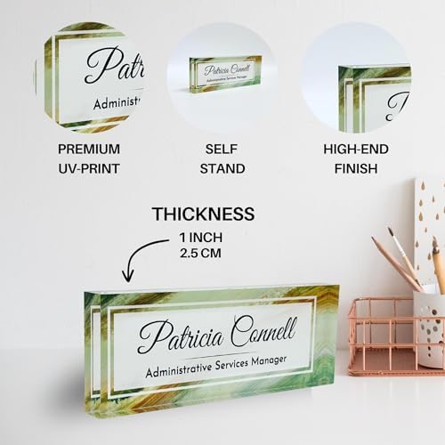Customized Clear Acrylic Thick 8x3" Desk Name Plate Block with Personalized Logo - Professional Office Decor - Customized Acrylic Plate Gift for Teacher Co-workers (Green Wave) - Image 2