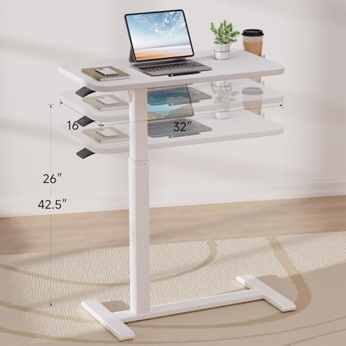 GTPLAYER Small Standing Desk with Hidden Wheels, Pneumatic Mobile Rolling Laptop Desk, Adjustable Height Overbed Bedside Table Computer Workstation for Home Office (32" W x 16" D, Pure White) - Image 3