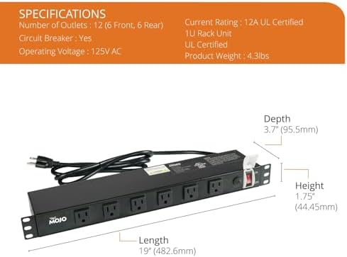 Tecmojo 1U Rackmount Network-Grade PDU, 12 Wide-Spaced Right Angle Outlets, Circuit Breaker 12A (UL Certified 12A) 6ft Cord w/ 5-15P Plug, Black(SKU# 13111201) - Image 2