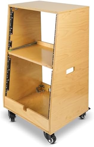 Sound Town DIY Slanted 16U Studio Rack (8U Top + 8U Lower), with 2U Bottom Storage, Slide-Out Tray, Caster, Plywood, Golden Oak for Recording Room, Home Studio (SDRK-ST16T) - Image 2