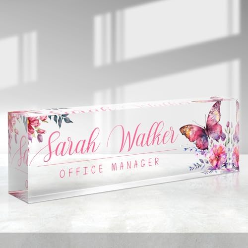 Custom Name Plate for Desk - Desk Name Plate Personalized - Acrylic Office Desk Accessories - Appreciation Gifts for Coworkers Employee Teacher Staff Boss - Office Decor for Women (Pink Butterfly A) by Purdicra
