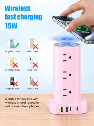Power Strip Tower with Wireless Charger, Flat Plug Surge Protector Tower with 6FT Extension Cord, 12 AC Multiple Outlets, 4 USB (2 USB C),15W Wireless Charging Power Tower for Home Office Dorm, Pink - Image 2